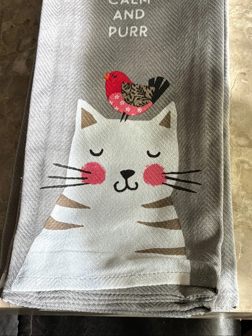 Three Kitchen Tea Towels - Gray Cat & Pink Bird Design